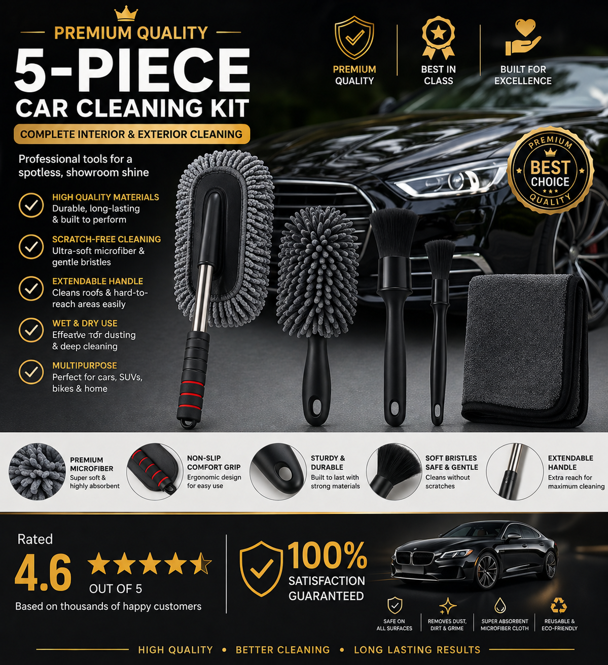 Set of 5 Premium Complete Car Cleaning Kit for Interior & Exterior Cleaning | Microfiber Duster Brush Set with Soft Detailing Brush, Cleaning Cloth & Extendable Handle | Scratch-Free Car Dust Cleaner Accessories Kit for Cars, SUV, Bike & Home Use