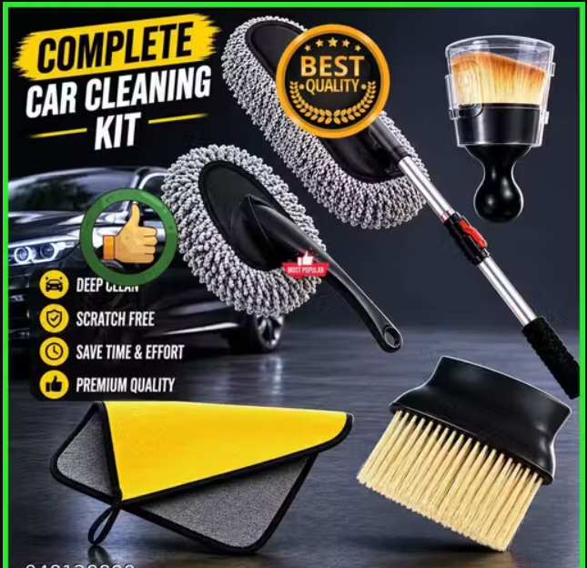 Set of 5 Premium Complete Car Cleaning Kit for Interior & Exterior Cleaning | Microfiber Duster Brush Set with Soft Detailing Brush, Cleaning Cloth & Extendable Handle | Scratch-Free Car Dust Cleaner Accessories Kit for Cars, SUV, Bike & Home Use