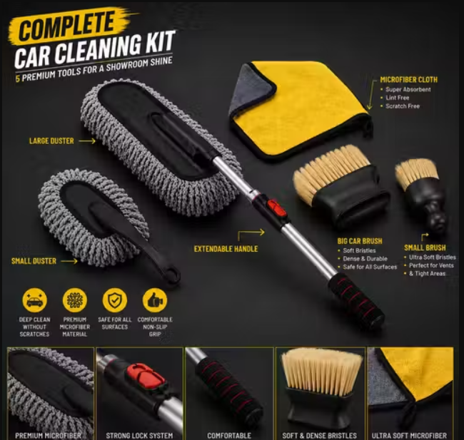Set of 5 Premium Complete Car Cleaning Kit for Interior & Exterior Cleaning | Microfiber Duster Brush Set with Soft Detailing Brush, Cleaning Cloth & Extendable Handle | Scratch-Free Car Dust Cleaner Accessories Kit for Cars, SUV, Bike & Home Use