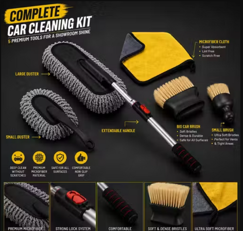 Set of 5 Premium Complete Car Cleaning Kit for Interior & Exterior Cleaning | Microfiber Duster Brush Set with Soft Detailing Brush, Cleaning Cloth & Extendable Handle | Scratch-Free Car Dust Cleaner Accessories Kit for Cars, SUV, Bike & Home Use