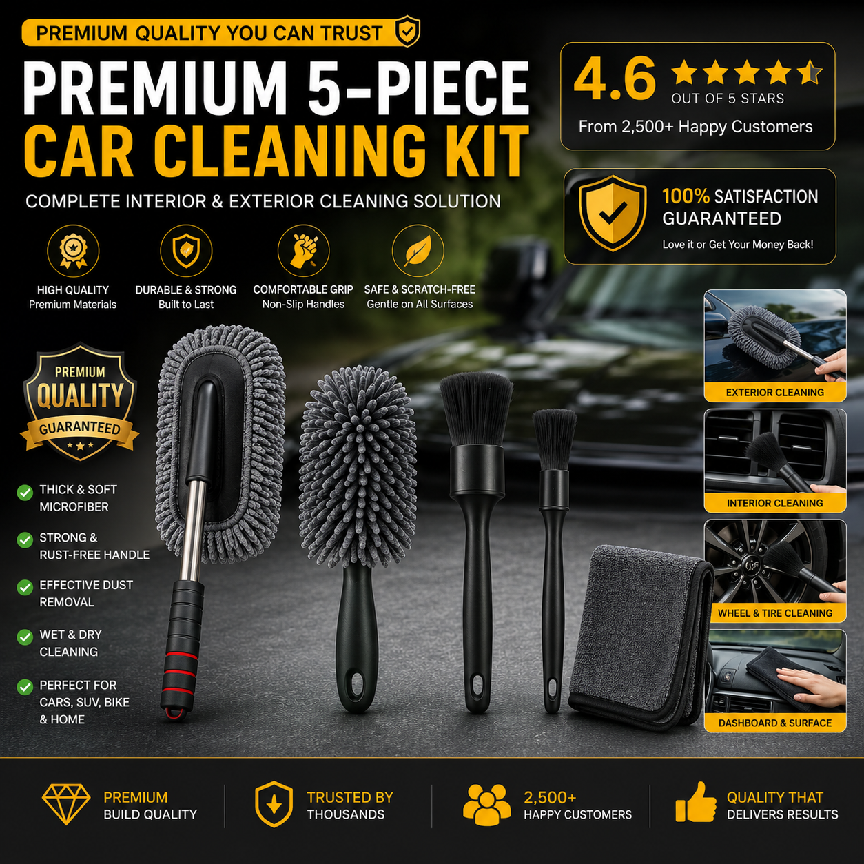 Set of 5 Premium Complete Car Cleaning Kit for Interior & Exterior Cleaning | Microfiber Duster Brush Set with Soft Detailing Brush, Cleaning Cloth & Extendable Handle | Scratch-Free Car Dust Cleaner Accessories Kit for Cars, SUV, Bike & Home Use