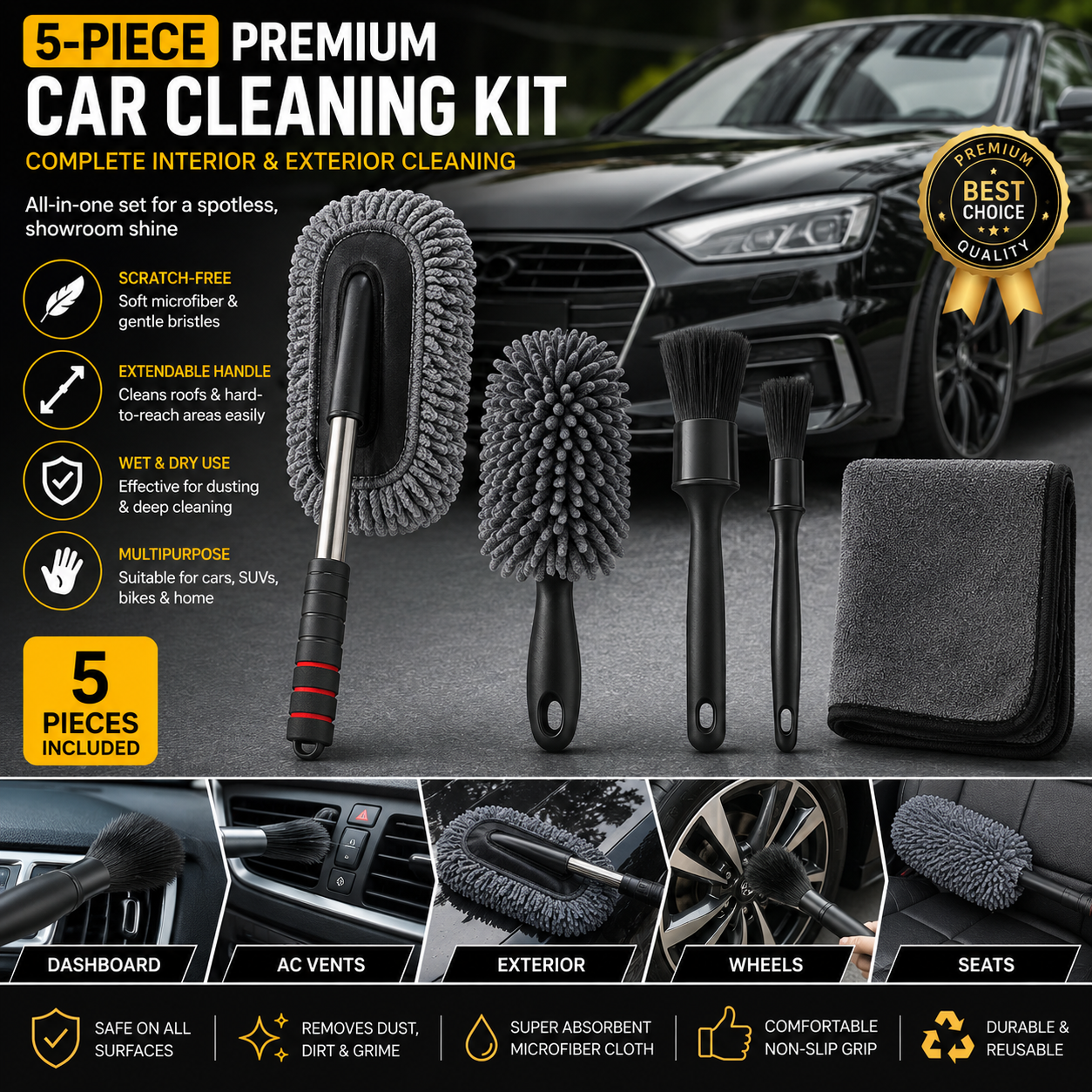 Set of 5 Premium Complete Car Cleaning Kit for Interior & Exterior Cleaning | Microfiber Duster Brush Set with Soft Detailing Brush, Cleaning Cloth & Extendable Handle | Scratch-Free Car Dust Cleaner Accessories Kit for Cars, SUV, Bike & Home Use